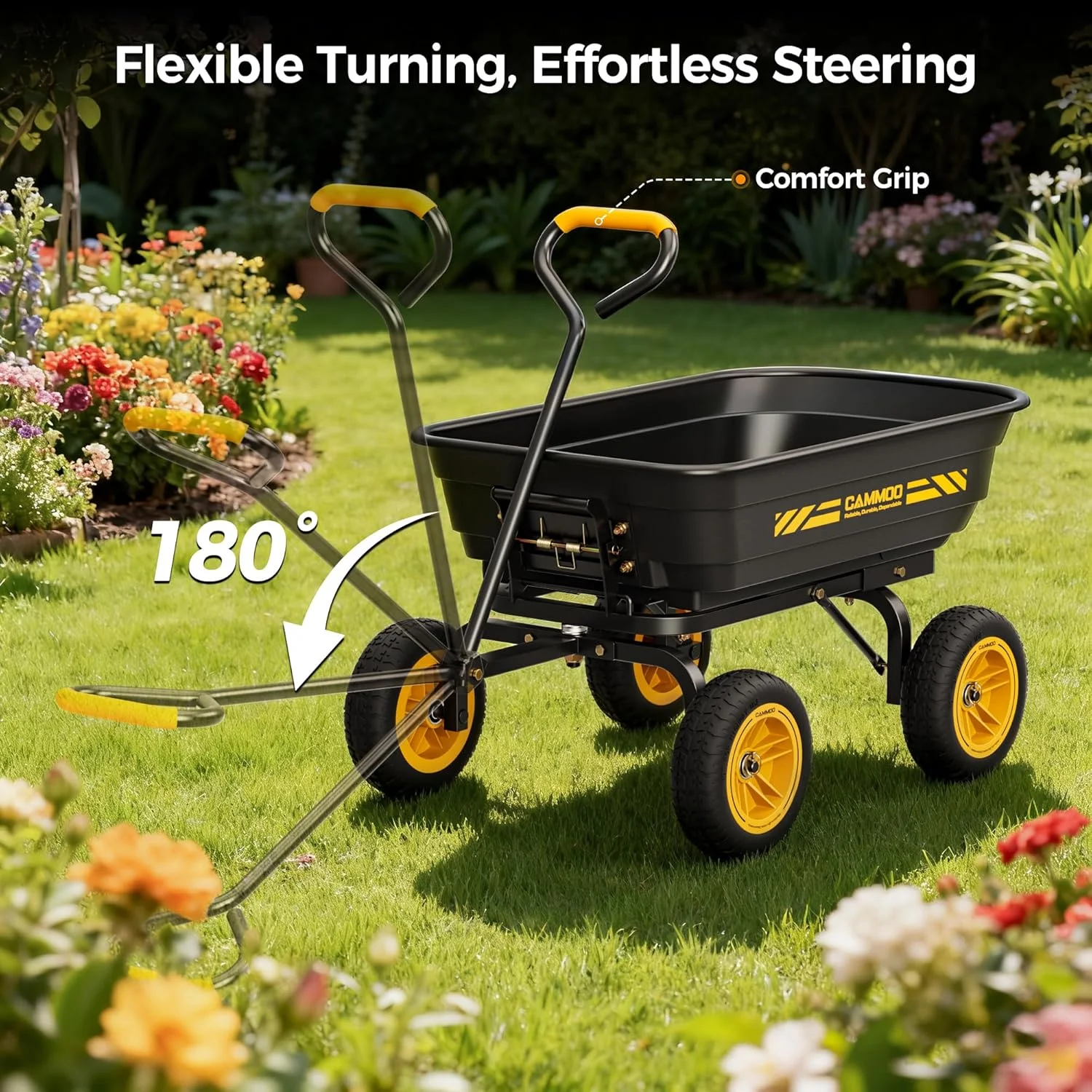 CAMMOO 10-in NO-FLAT TIRES 600lb Heavy-Duty Garden Dump Cart 4 Cu.Ft. Utility Wagon with Quick-Release Dumping & Prime - Image 7