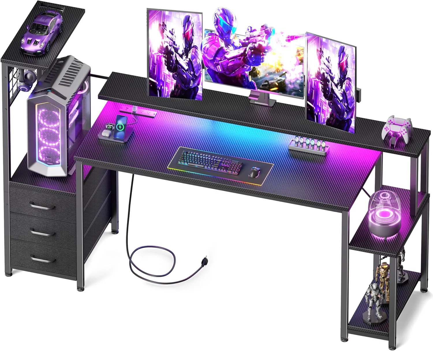 Korfile 48 Inch Gaming Desk with LED Lights & Power Outlets, Computer Desk with Fabric Drawers & Side Hook - Image 2