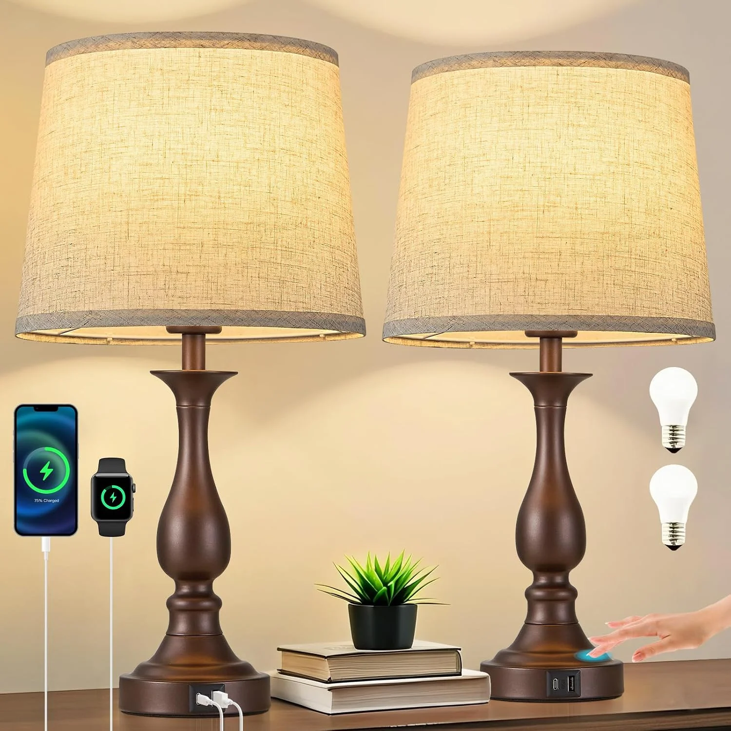Bedside Table Lamp Touch Control Bedroom Lamps with USB A and C Charging Port 3 Way Dimmable Touch Lamps for Nightstand - Image 10