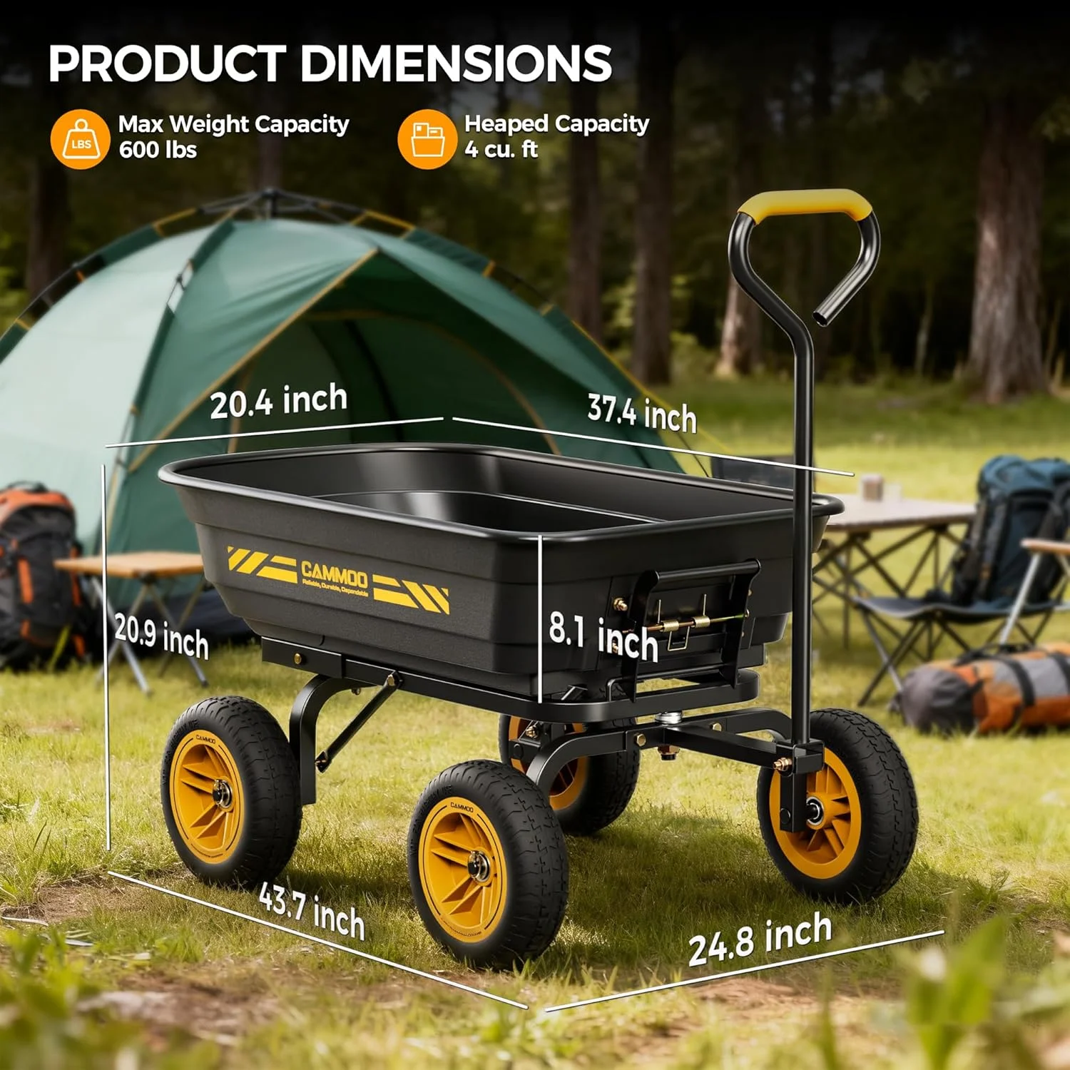 CAMMOO 10-in NO-FLAT TIRES 600lb Heavy-Duty Garden Dump Cart 4 Cu.Ft. Utility Wagon with Quick-Release Dumping & Prime - Image 9