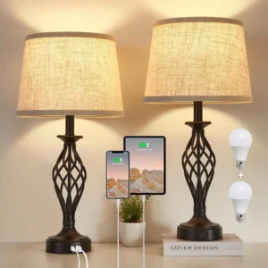 Alternative view of Table Lamp for Bedroom Set of 2 with USB C+A Ports, Bulb Included, Modern Bedside Lamps with Spiral Cage Base