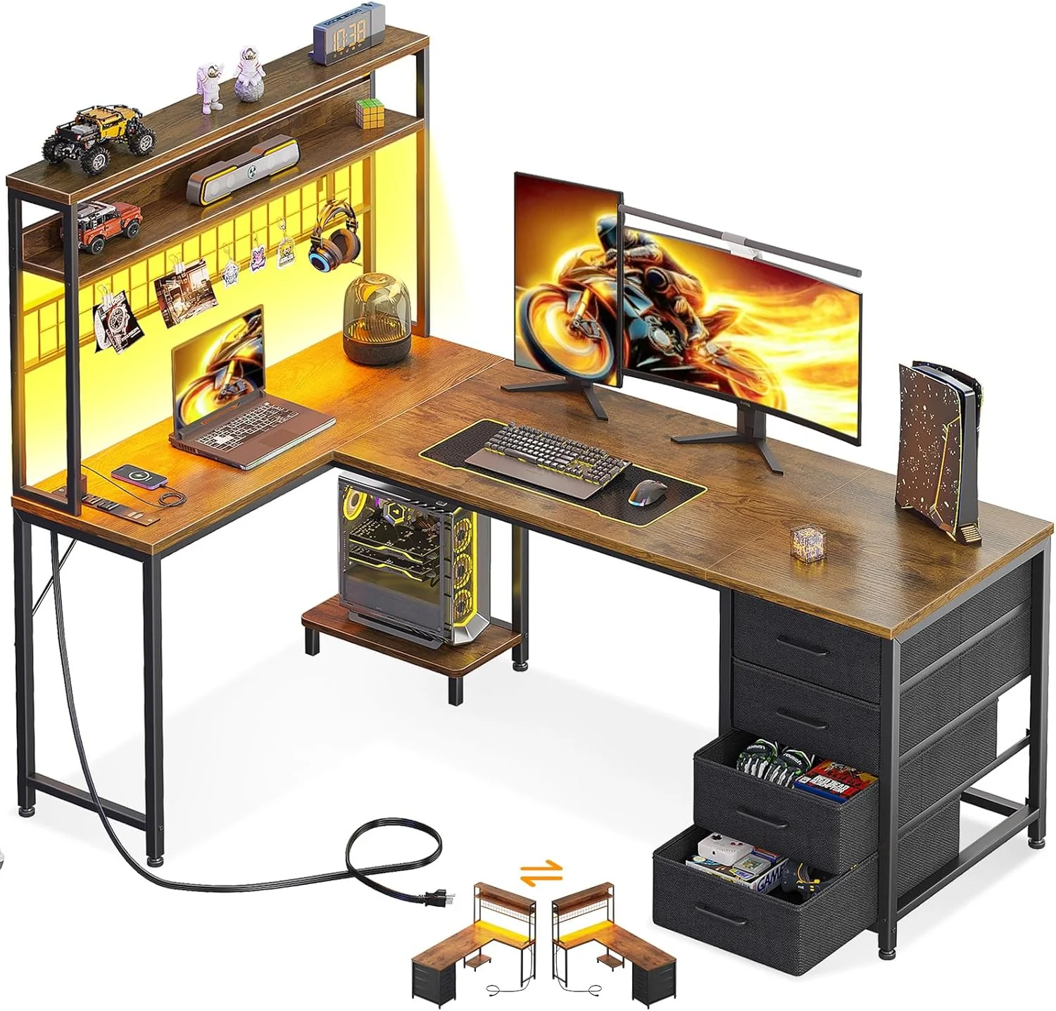 AODK L Shaped Desk Gaming Desk with LED Light & Power Outlet, 53 Inch Black Reversible L Shaped Computer Table with - Image 8