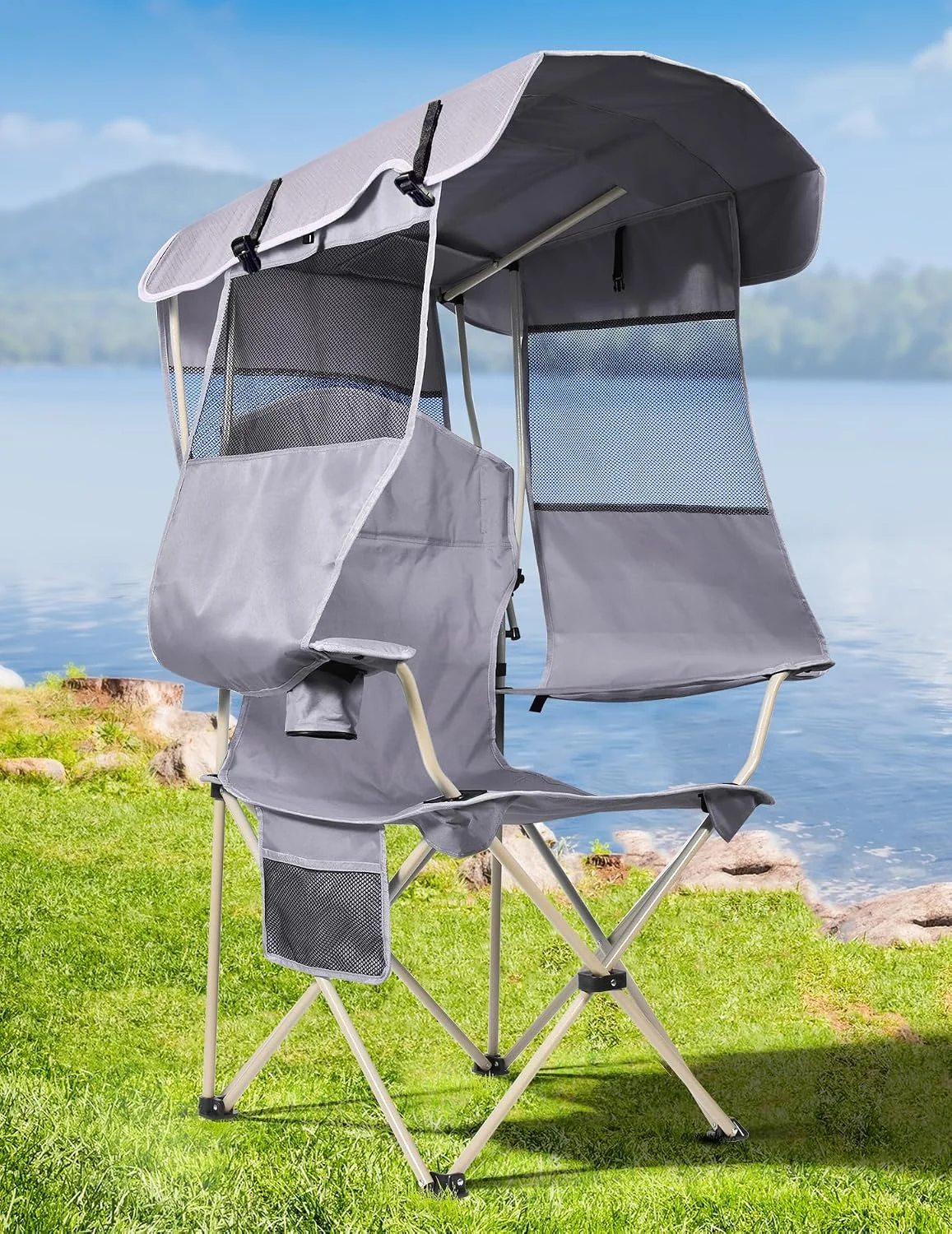 Docusvect Beach Chair with Canopy Shade, Folding Camping Chair with Canopy with Cup Holder, Support 330 LBS - Image 2