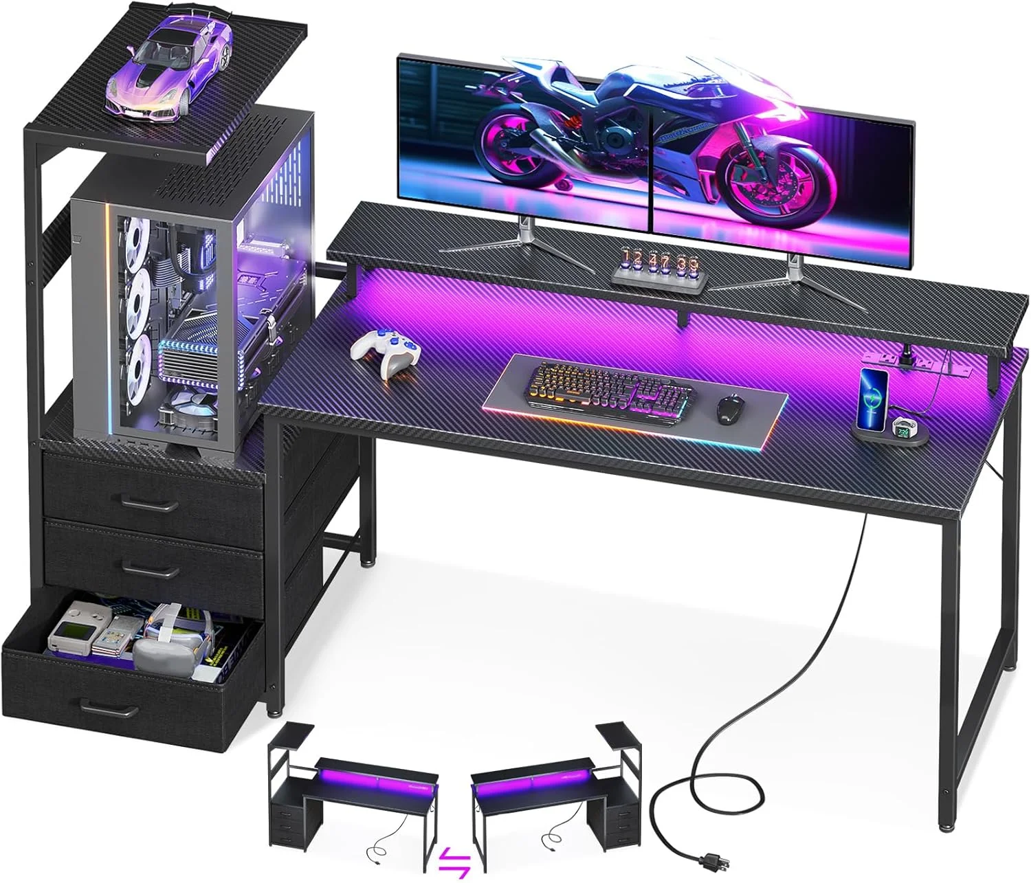 AODK Gaming Desk w/PC Showcase Stand, 59 Reversible, Elevated stand fits Lian Li O11, Hyte Y60. Triple drawers hide - Image 6