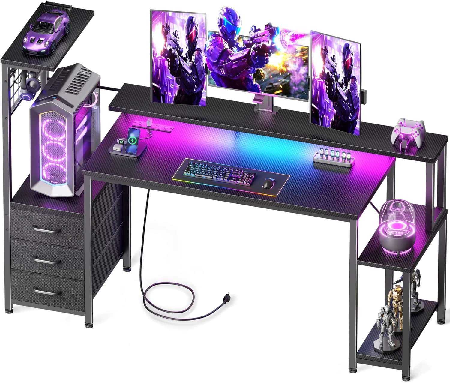 Korfile 48 Inch Gaming Desk with LED Lights & Power Outlets, Computer Desk with Fabric Drawers & Side Hook