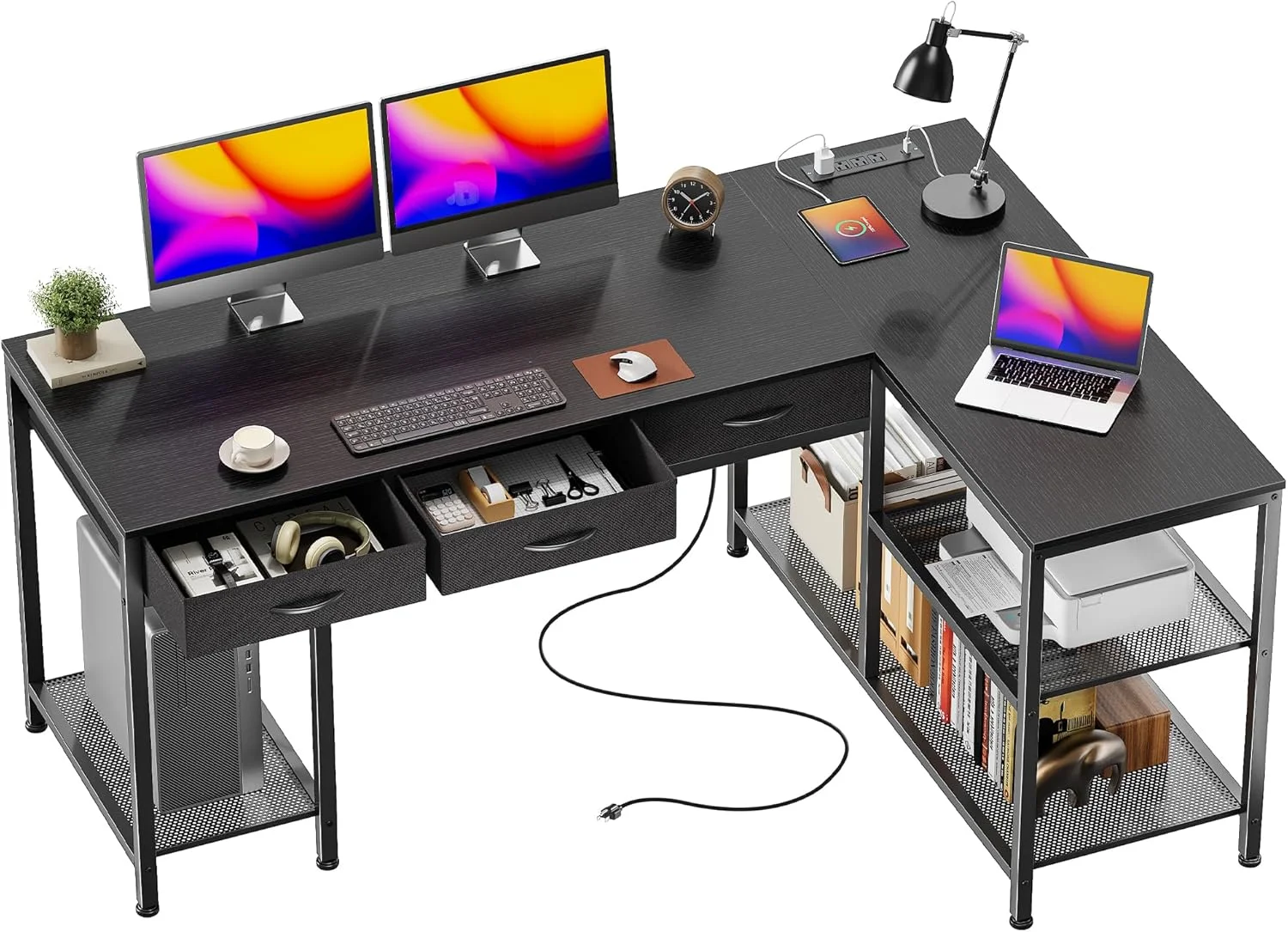 PRAISUN 55 Inch L Shaped Office Desk with Power Outlets and Type-C Port, Large Computer Gaming Desk with 3 Fabric - Image 4