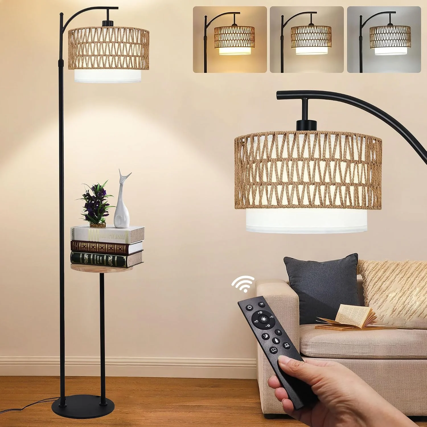 Arc Floor Lamp for Living Room Rattan Boho Floor Lamp with Remote Control, Dimmable, 3-Color Temperature - Image 7