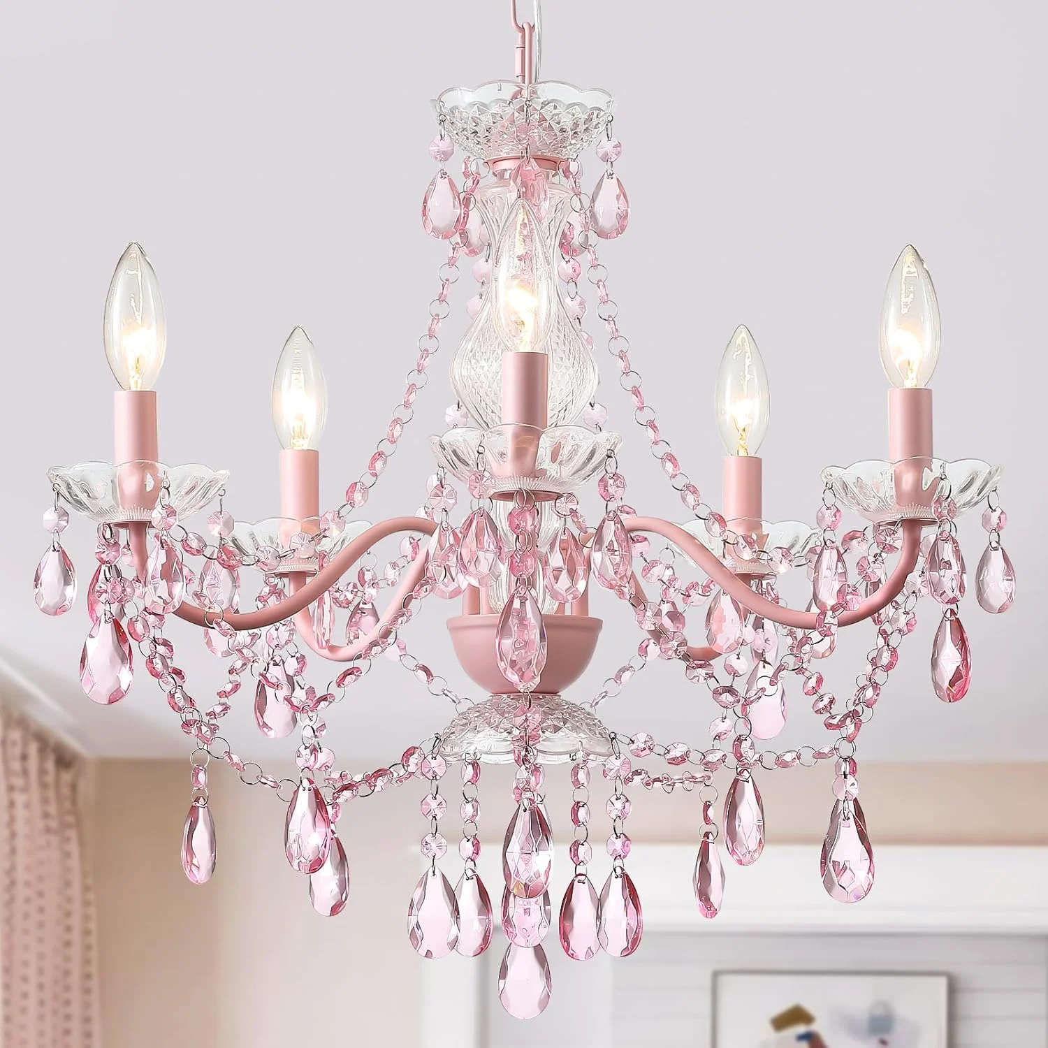 AMZASA Crystal Gold Chandelier, 5 Light, Glass Crystal Hanging Pendant Lighting - Image 6