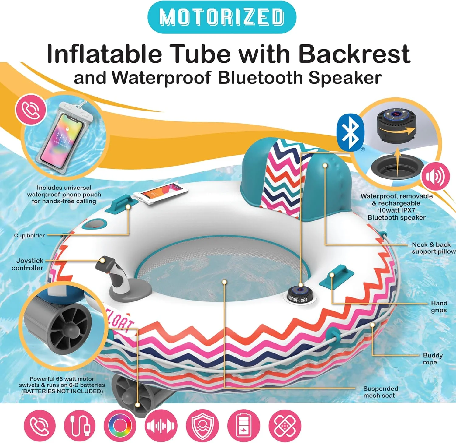 Inspired Living Motorized Inflatable Pool Float Lounger Tube, Bluetooth 5 IPX7 Waterproof Speaker, 66W Motor - Image 2