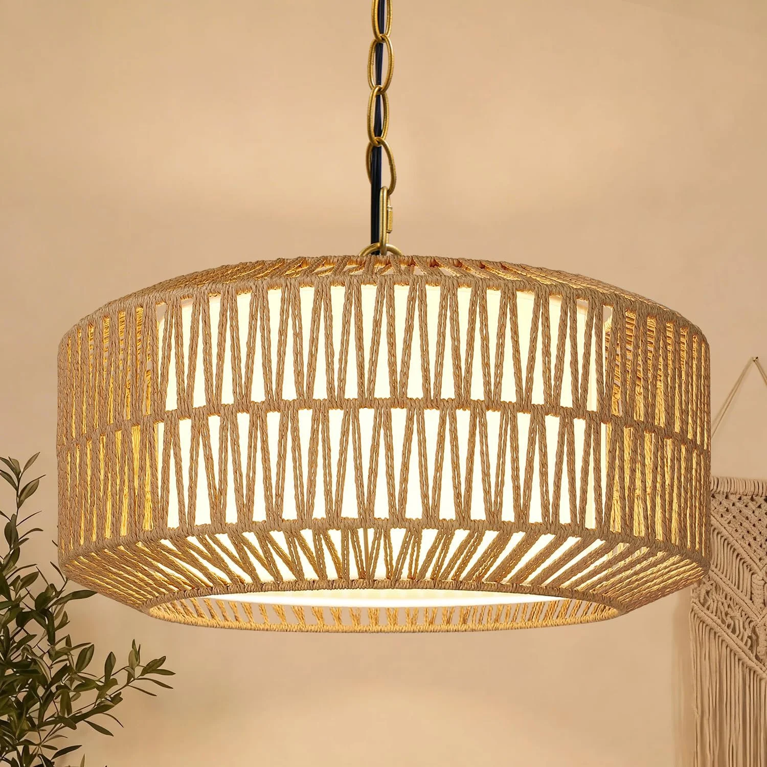 9-52 Height Adjustable Farmhouse Chandelier Light Fixture, 5-Light Rattan Boho Chandeliers for Dining Room - Image 3