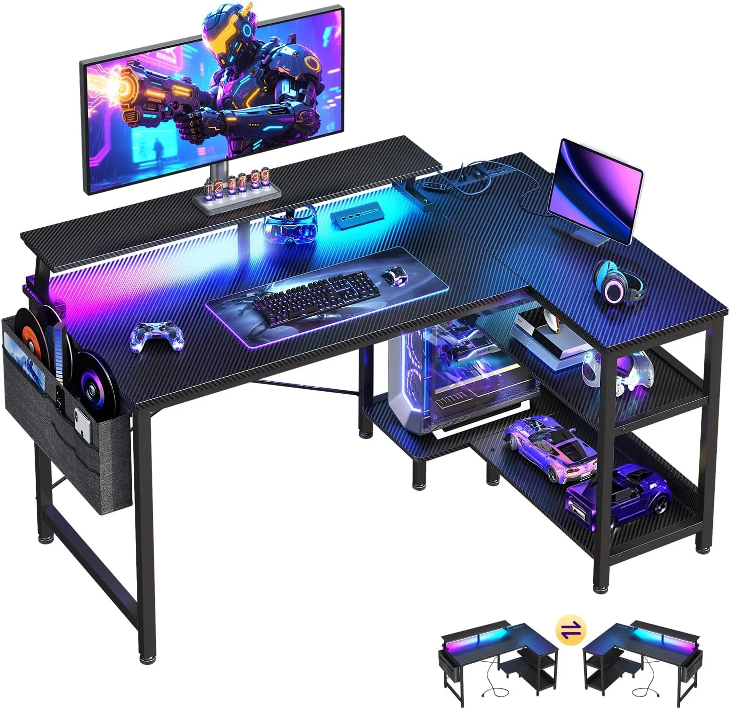 ODK 48 Inch Gaming Desk with USB Charging Ports and LED Lights, Reversible L Shaped Computer Desk with Storage Shelves & - Image 3