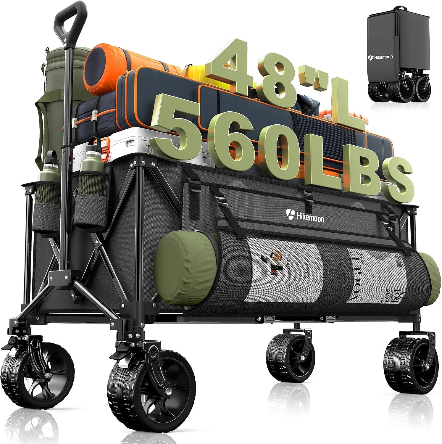 HIKEMOON 48'' Extra Large Collapsible Wagon with Big Wheels, 300L Black, 560LBS Heavy Duty