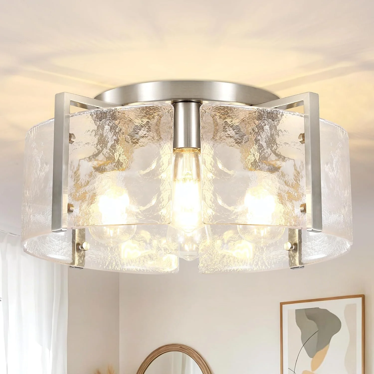 ZXFDWB Modern Gold Semi Flush Mount Ceiling Light, Dimmable, 3-Light Farmhouse Glass Drum Light Fixture - Image 4