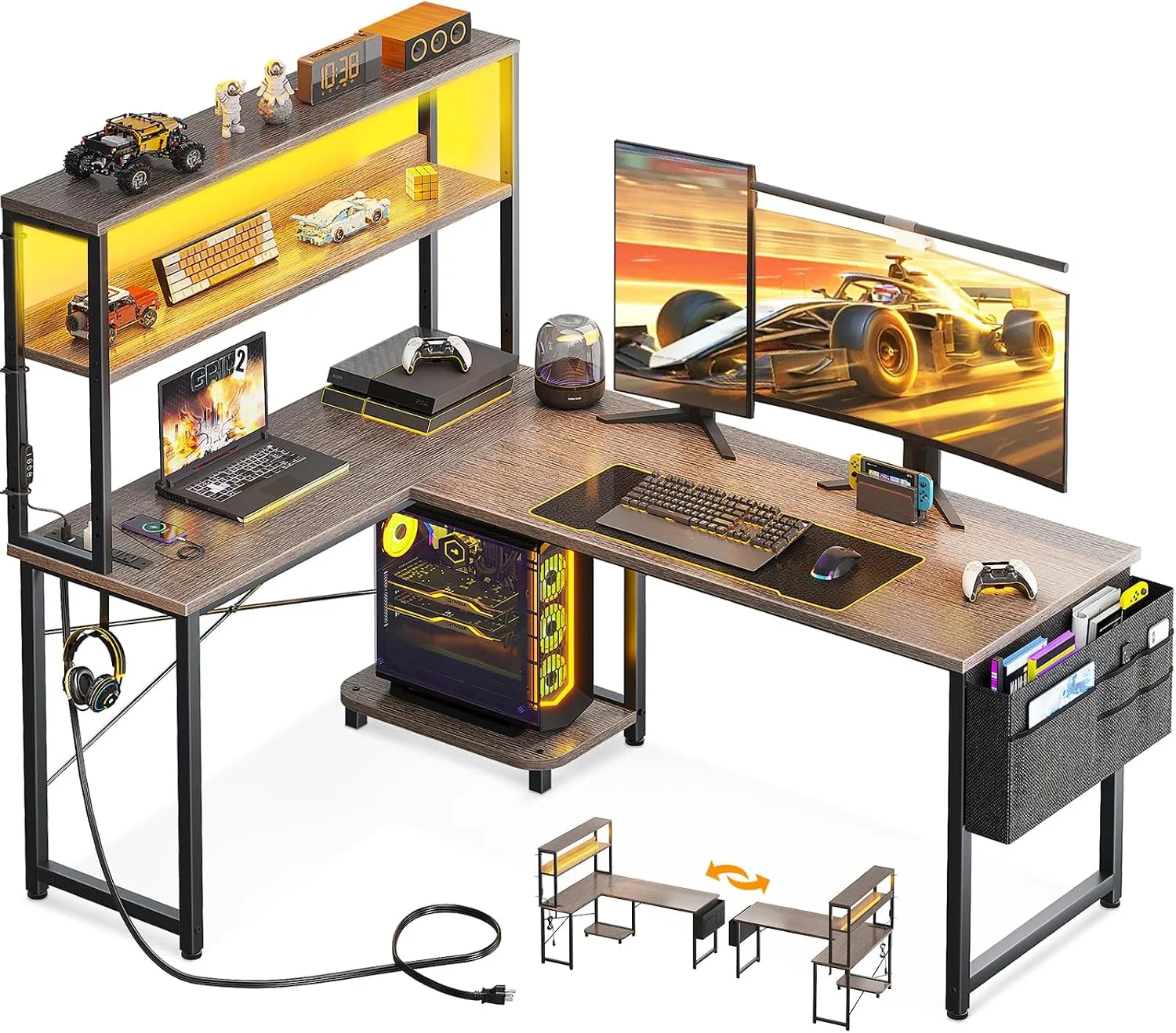AODK L Shaped Desk Gaming Desk with LED Light & Power Outlet, 53 Inch Black Reversible L Shaped Computer Table with - Image 9