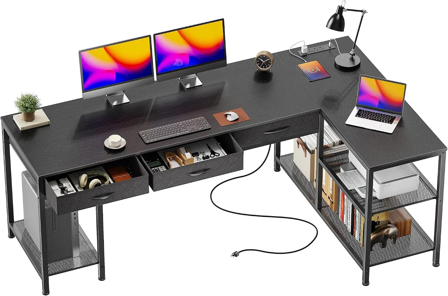 PRAISUN 55 Inch L Shaped Office Desk with Power Outlets and Type-C Port, Large Computer Gaming Desk with 3 Fabric - Image 5