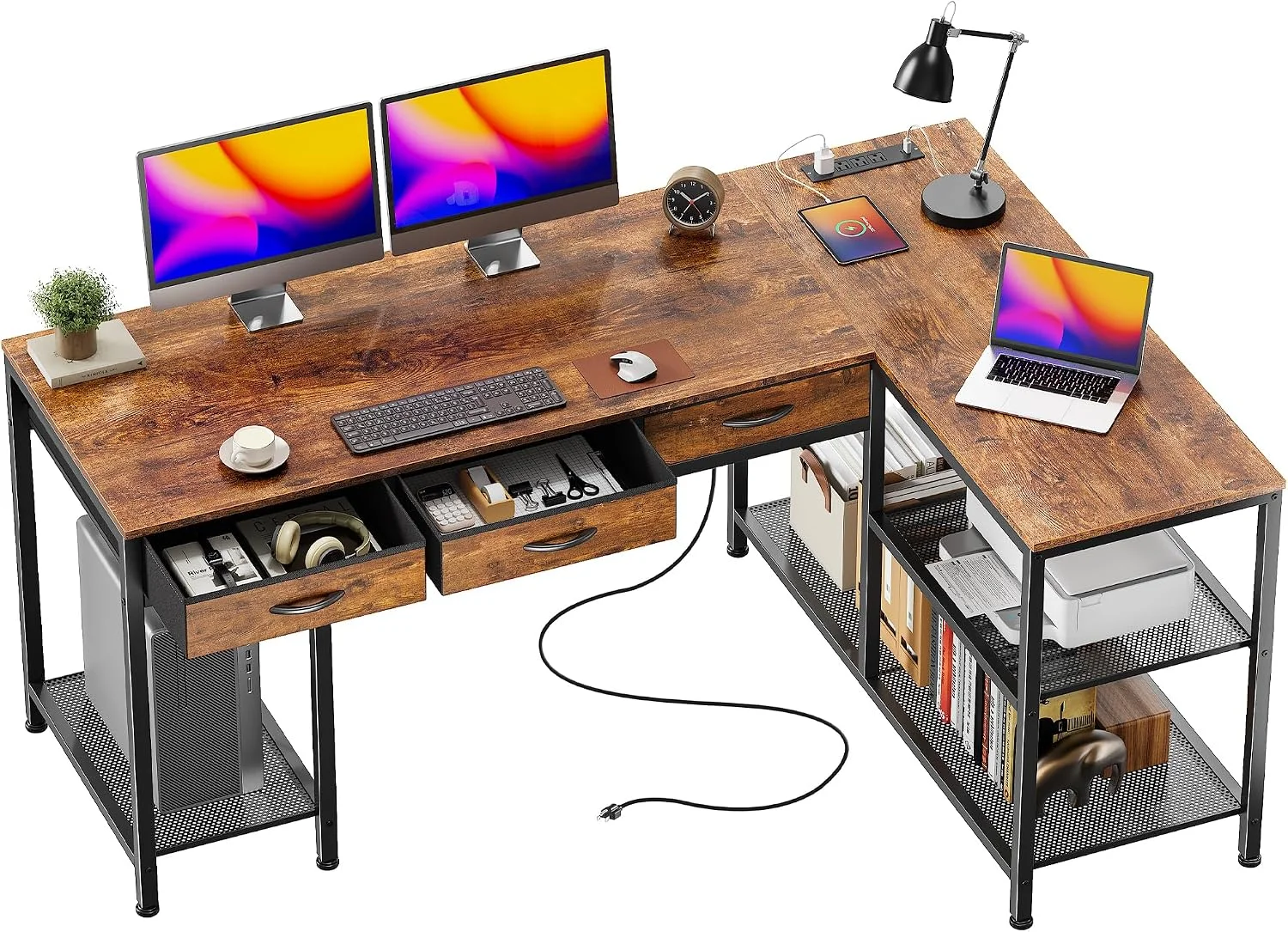 PRAISUN 55 Inch L Shaped Office Desk with Power Outlets and Type-C Port, Large Computer Gaming Desk with 3 Fabric - Image 6