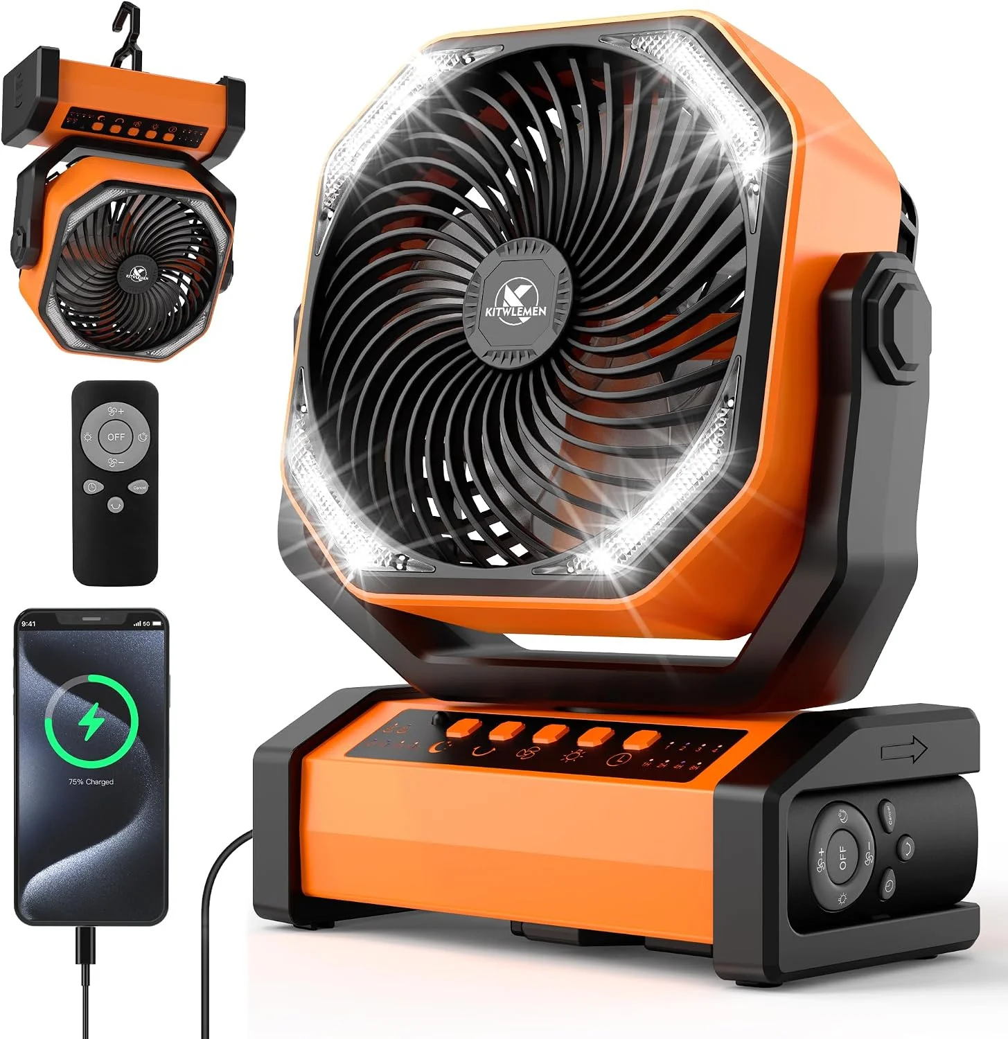 Camping Fan with Light, 20000mAh Rechargeable Battery Tent Fan, 112Hrs Max, 8 Speeds, 270° Pivot & Hook for Garage - Image 4