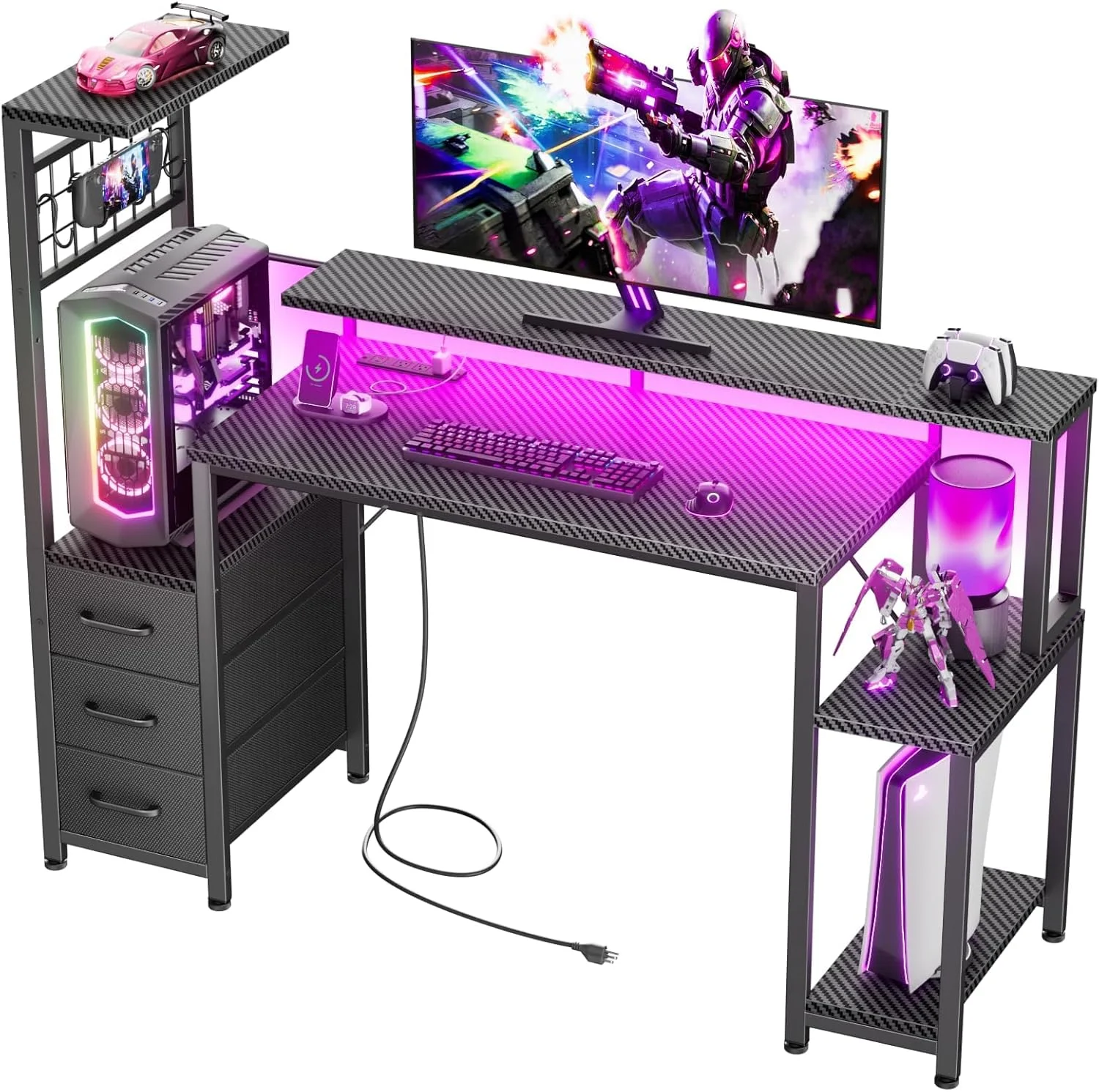 Korfile 48 Inch Gaming Desk with LED Lights & Power Outlets, Computer Desk with Fabric Drawers & Side Hook - Image 3