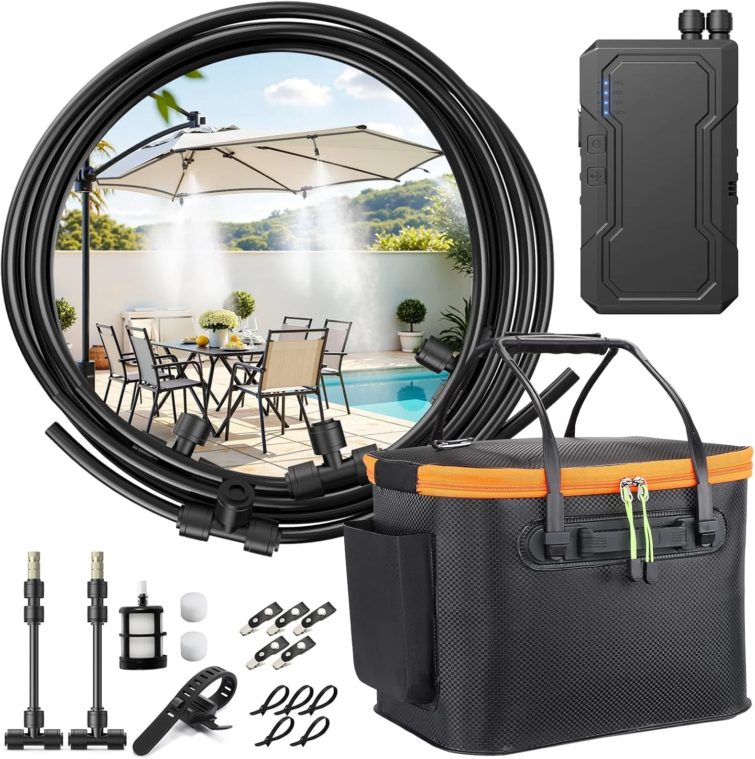 Ausic Portable Misting System for Outside Patio, Outdoor Water Cooling Mister with Battery Powered Pump (Max 8Hrs)