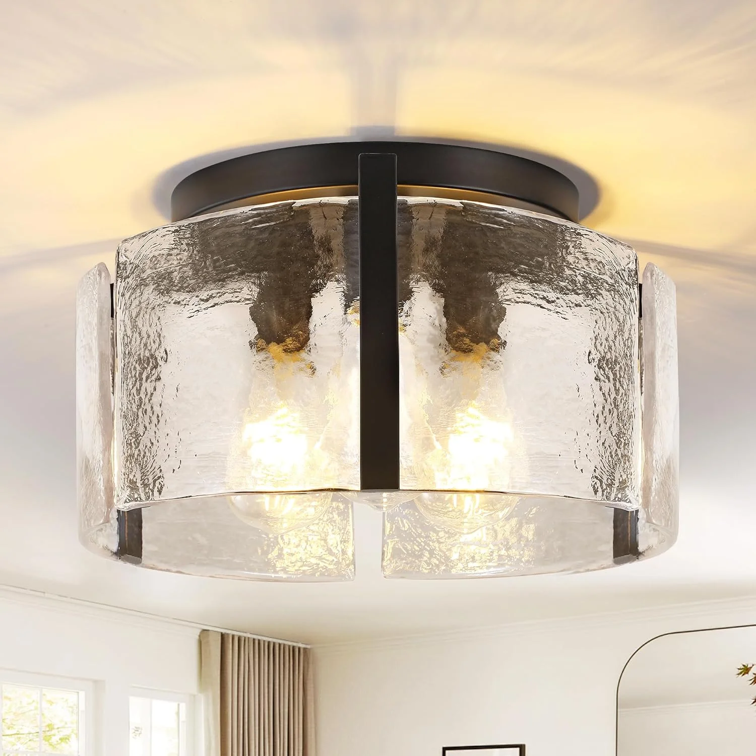 ZXFDWB Modern Gold Semi Flush Mount Ceiling Light, Dimmable, 3-Light Farmhouse Glass Drum Light Fixture - Image 2