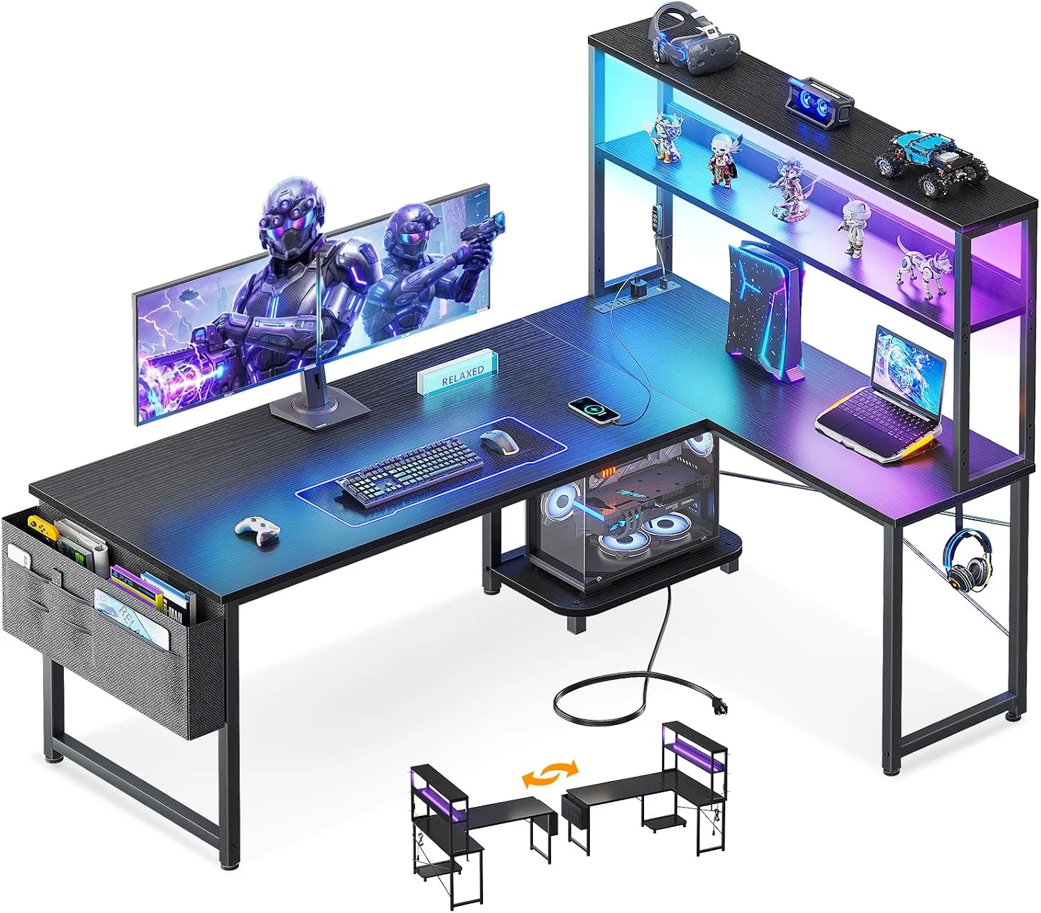 ODK 53 L Shaped Gaming Desk with Shelves, LED & Outlets - Image 2
