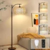 Arc Floor Lamp for Living Room Rattan Boho Floor Lamp with Remote Control, Dimmable, 3-Color Temperature