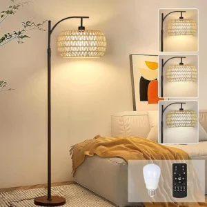 Arc Floor Lamp for Living Room Rattan Boho Floor Lamp with Remote Control, Dimmable, 3-Color Temperature