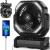 Camping Fan with Light, 20000mAh Rechargeable Battery Tent Fan, 112Hrs Max, 8 Speeds, 270° Pivot & Hook for Garage
