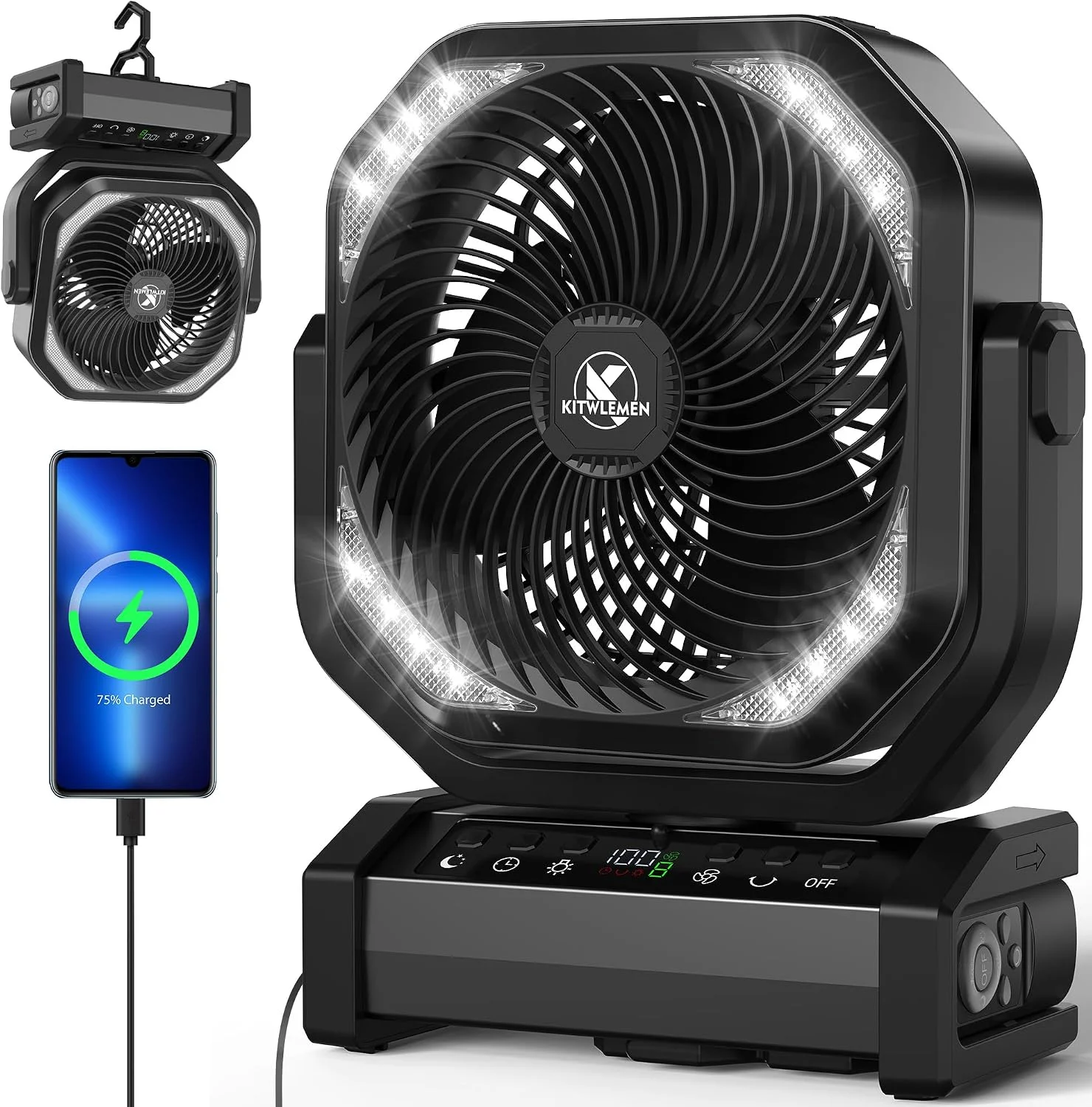Camping Fan with Light, 20000mAh Rechargeable Battery Tent Fan, 112Hrs Max, 8 Speeds, 270° Pivot & Hook for Garage