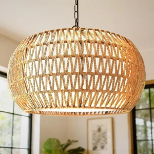 Tadpole Jump 5-Lights Boho Rattan Chandelier for Dining Room, 19 Farmhouse Chandelier Light Fixtures with Fabric Shade