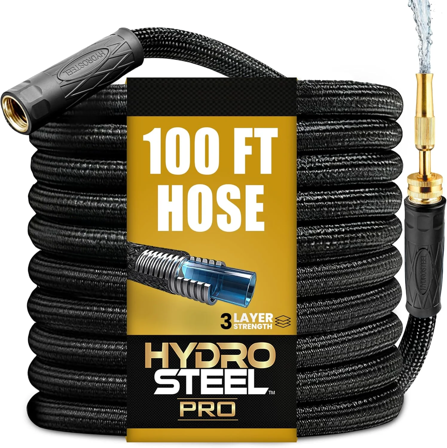 Hydrosteel PRO 100 Ft Heavy Duty Metal Garden Hose with Nozzle, Water Hose Made from 304 Stainless Steel, 5/8” Diameter - Image 2