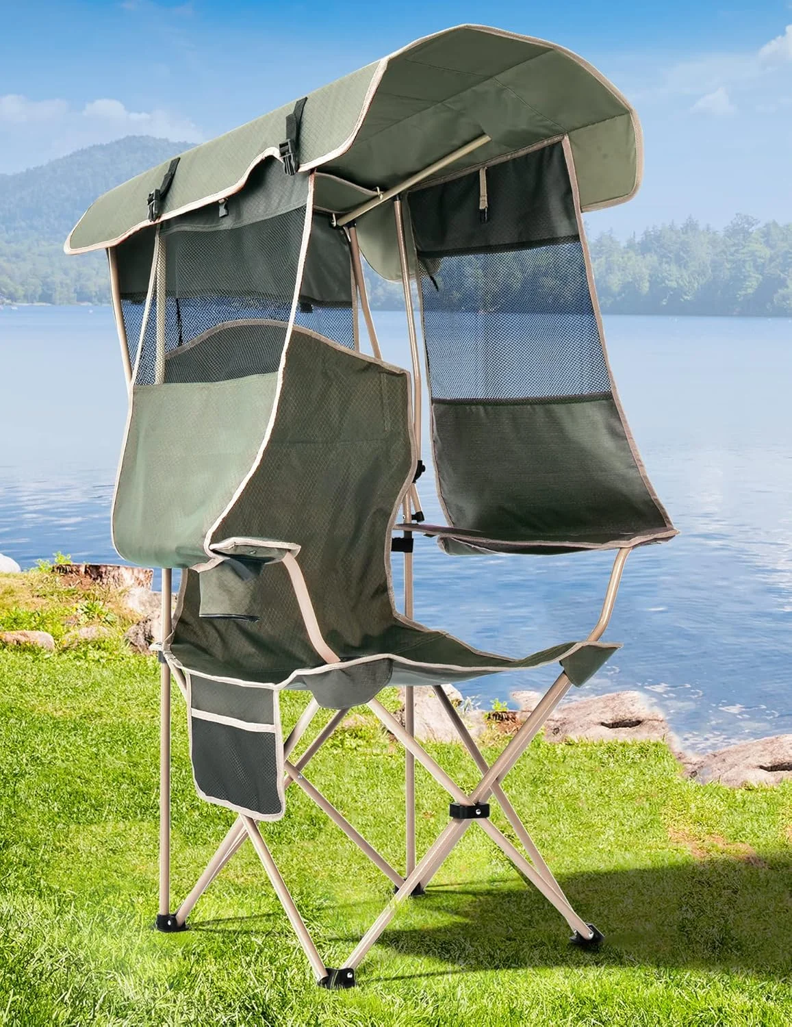 Docusvect Beach Chair with Canopy Shade, Folding Camping Chair with Canopy with Cup Holder, Support 330 LBS