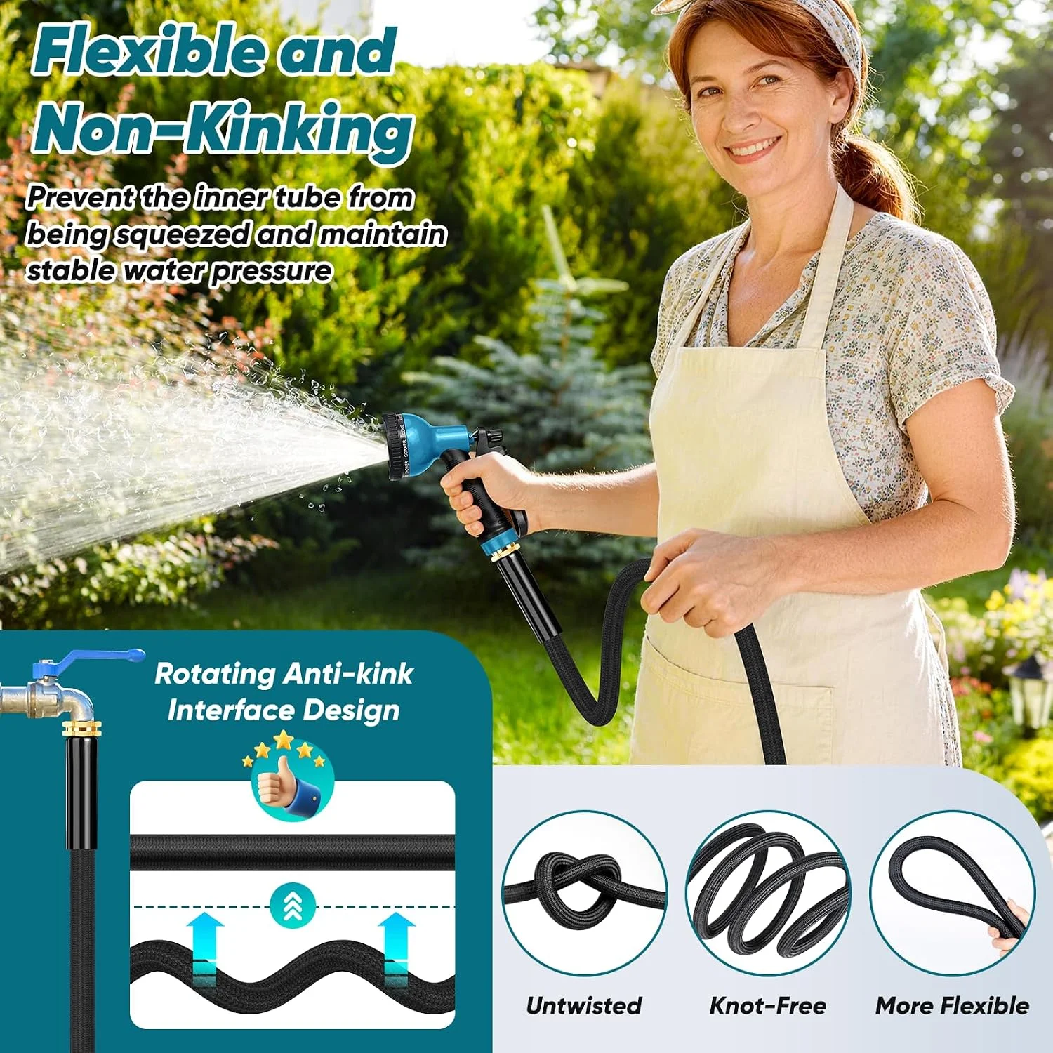 Garden Hose 100FT, Non-Expanding Lightweight Water Hose With 10-Function Nozzle, 3/4GHT - Image 4