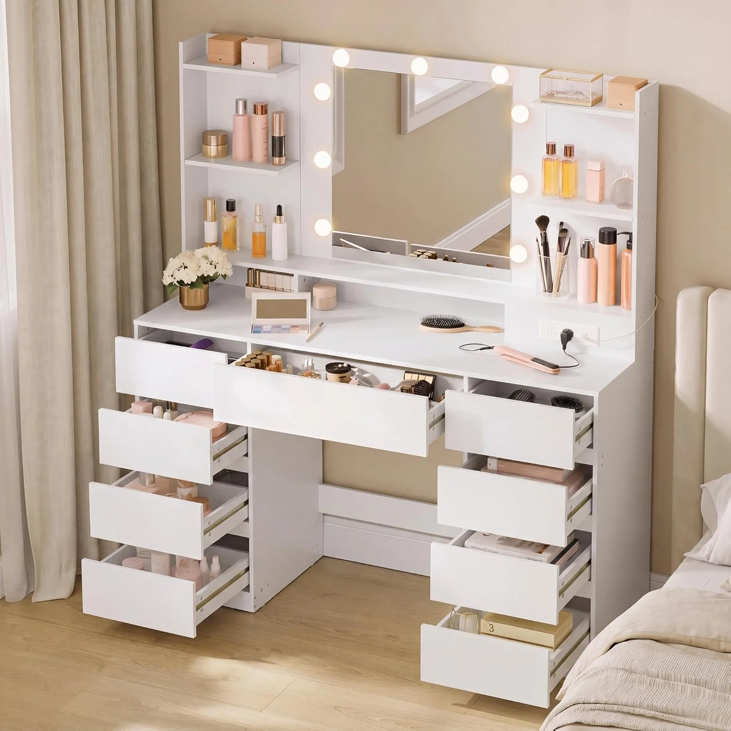 VASAGLE KAILYN Collection, Vanity Desk with Mirror and 9 LED Bulbs, Dressing Table with 9 Drawers - Image 9