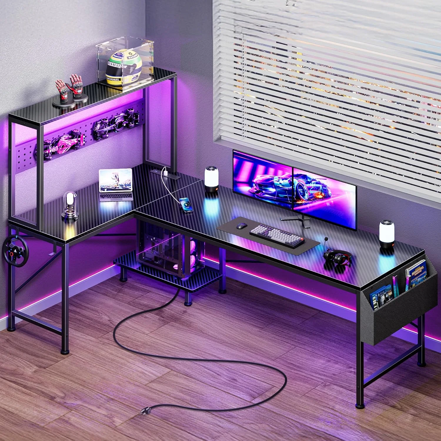 PRAISUN L Shaped Gaming Desk with LED Lights & Power Outlets, Reversible Computer Desk with Storage Shelves & Bag - Image 3