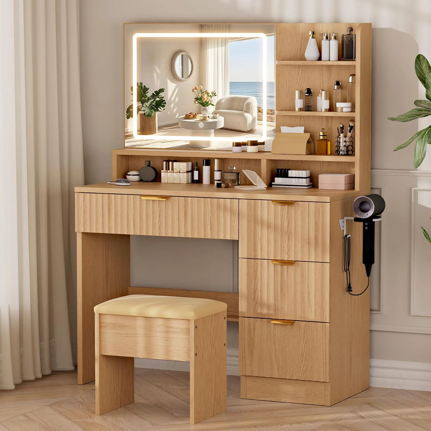 LIVELYGLOW White Makeup Vanity Desk with Charging Station & 4 Drawers, Smart LED Mirror - Image 2