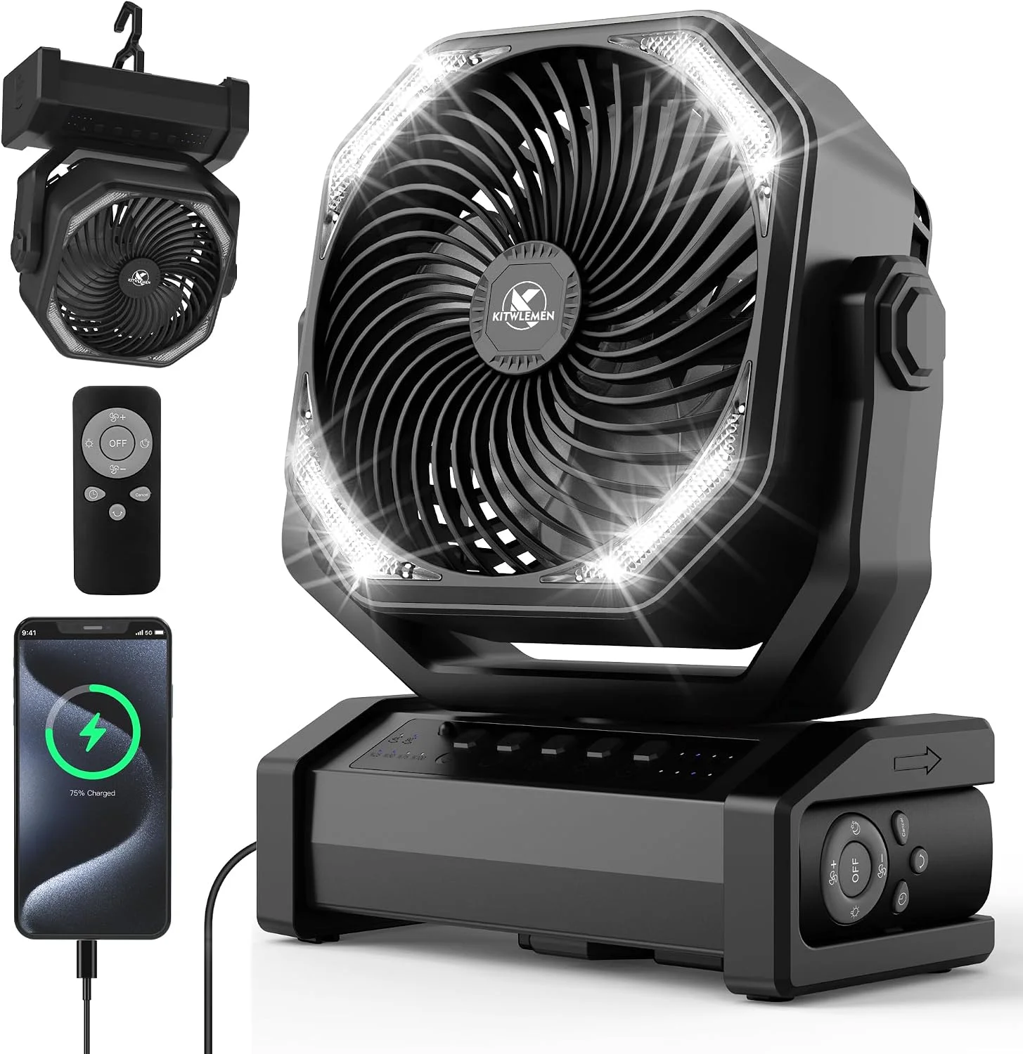 Camping Fan with Light, 20000mAh Rechargeable Battery Tent Fan, 112Hrs Max, 8 Speeds, 270° Pivot & Hook for Garage - Image 6