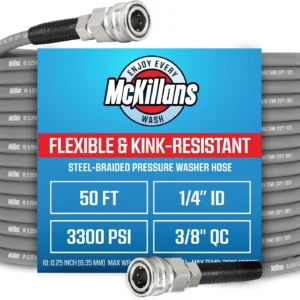 McKillans® QC Installed Pressure Washer Hose 50 ft, Flexible & Kink-resistant, Steel-Braided & Durable- 3/8 QC