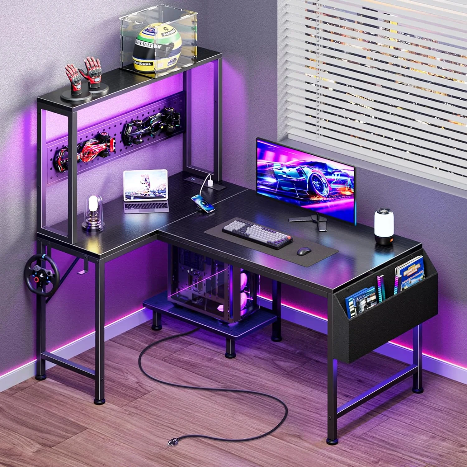PRAISUN L Shaped Gaming Desk with LED Lights & Power Outlets, Reversible Computer Desk with Storage Shelves & Bag - Image 10