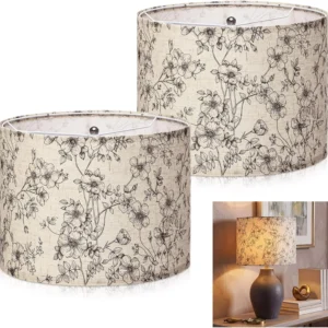 Hortsun 2 Pack Chinoiserie Drum Lamp Shade 13 x 13 x 10 Inch Cream Linen Lampshade with Exquisite Bird Floral Lining