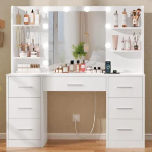 Quimoo Large Vanity Desk with LED Lighted Mirror & Power Outlet, Makeup Vanity Table with 7 Drawers