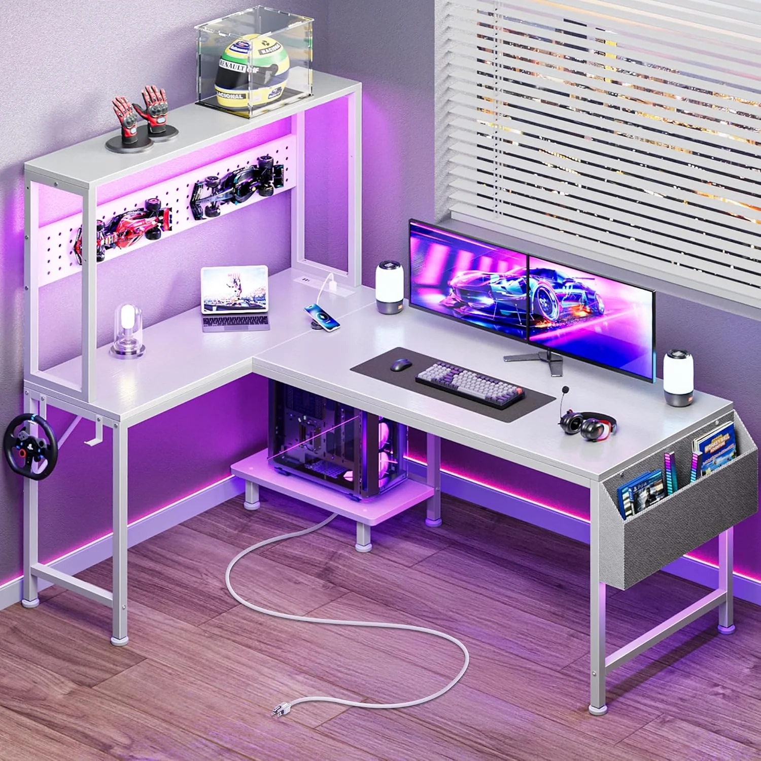 PRAISUN L Shaped Gaming Desk with LED Lights & Power Outlets, Reversible Computer Desk with Storage Shelves & Bag - Image 9