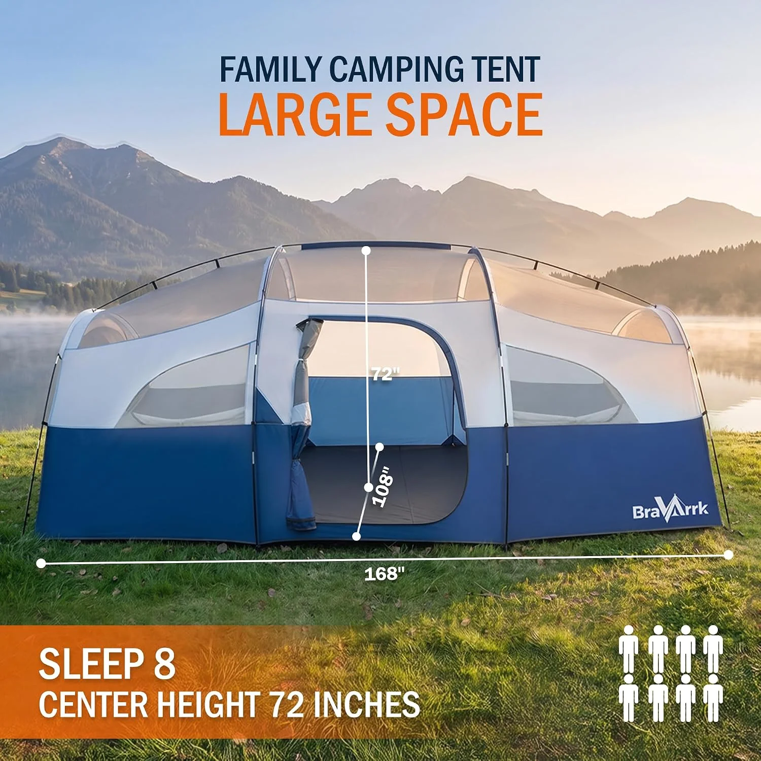 BravArrk Camping Tent for 8 Person, PU3000MM Waterproof Family Tent with Rainfly, Large Roomy 3 Room Camping Tents with - Image 2