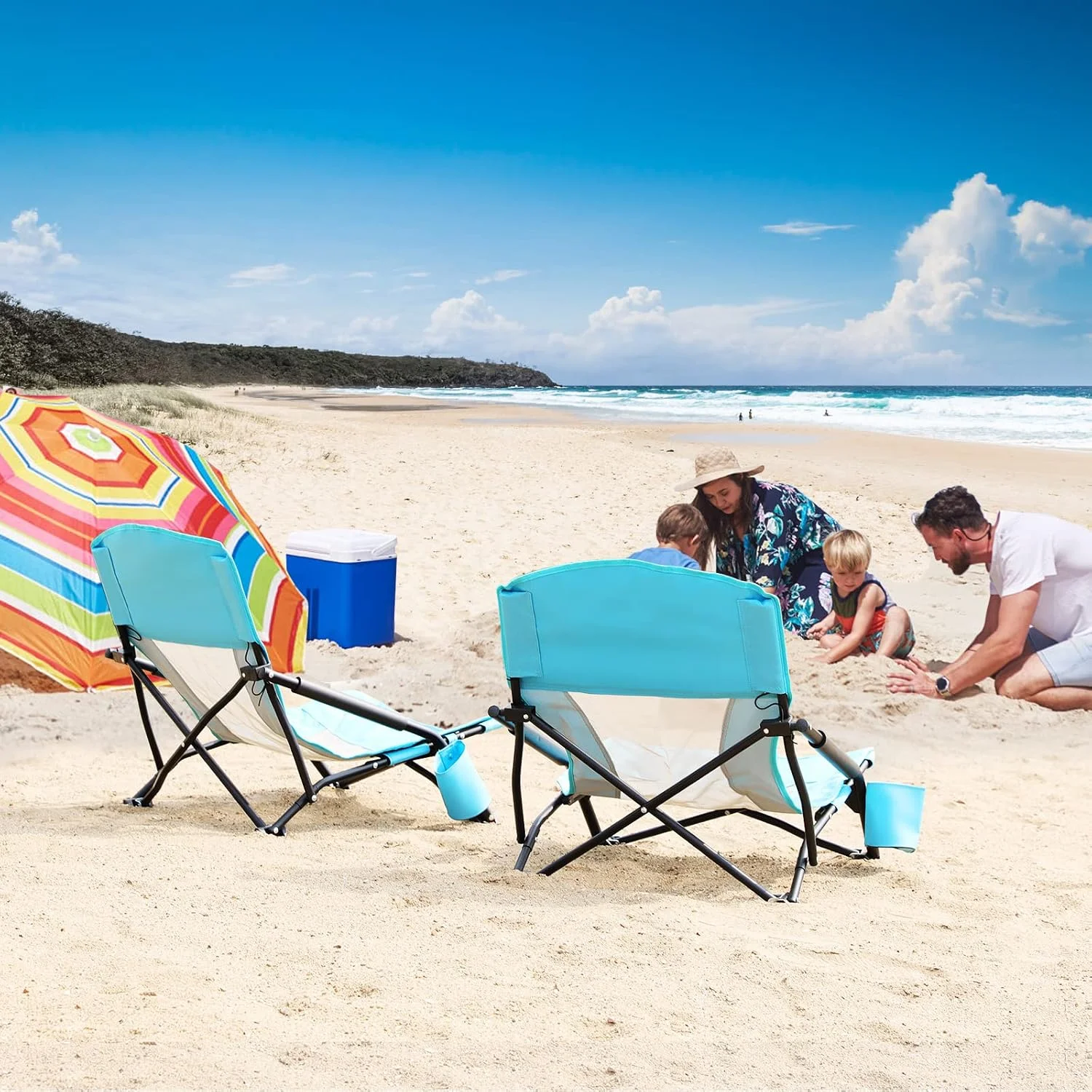 TOBTOS Low Beach Chair for Adults 2 Pack, Low Profile Folding with Cup Holder & Carry Bag, Heavy Duty Chair for Outdoor - Image 2