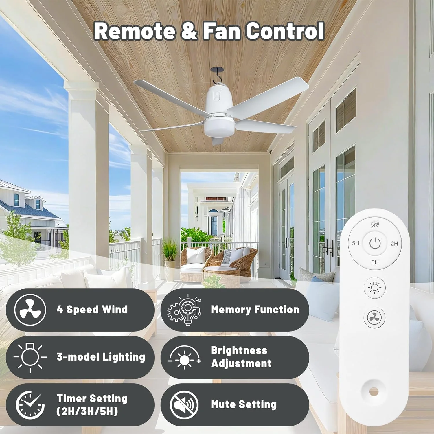 Gazebo Outdoor Ceiling Fan Light 31.5'', 40000mAh Large Portable Ceiling Fan With Remote and Hanging Hook, 4 Wind Speeds - Image 5