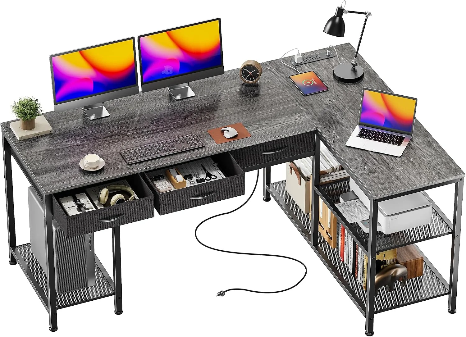 PRAISUN 55 Inch L Shaped Office Desk with Power Outlets and Type-C Port, Large Computer Gaming Desk with 3 Fabric - Image 3