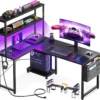 AODK L Shaped Desk Gaming Desk with LED Light & Power Outlet, 53 Inch Black Reversible L Shaped Computer Table with