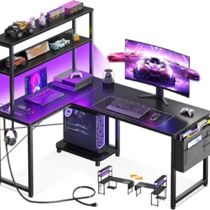 AODK L Shaped Desk Gaming Desk with LED Light & Power Outlet, 53 Inch Black Reversible L Shaped Computer Table with