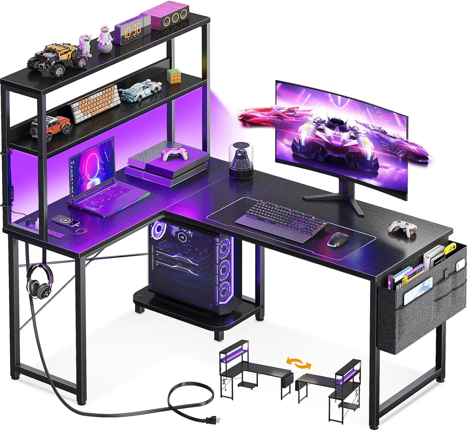AODK L Shaped Desk Gaming Desk with LED Light & Power Outlet, 53 Inch Black Reversible L Shaped Computer Table with