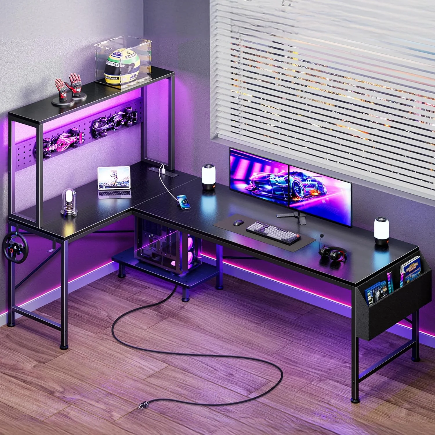 PRAISUN L Shaped Gaming Desk with LED Lights & Power Outlets, Reversible Computer Desk with Storage Shelves & Bag - Image 2